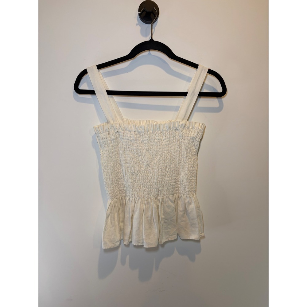 Socialite Ivory White Smocked Peplum Tank Top Cotton Linen Blend Small